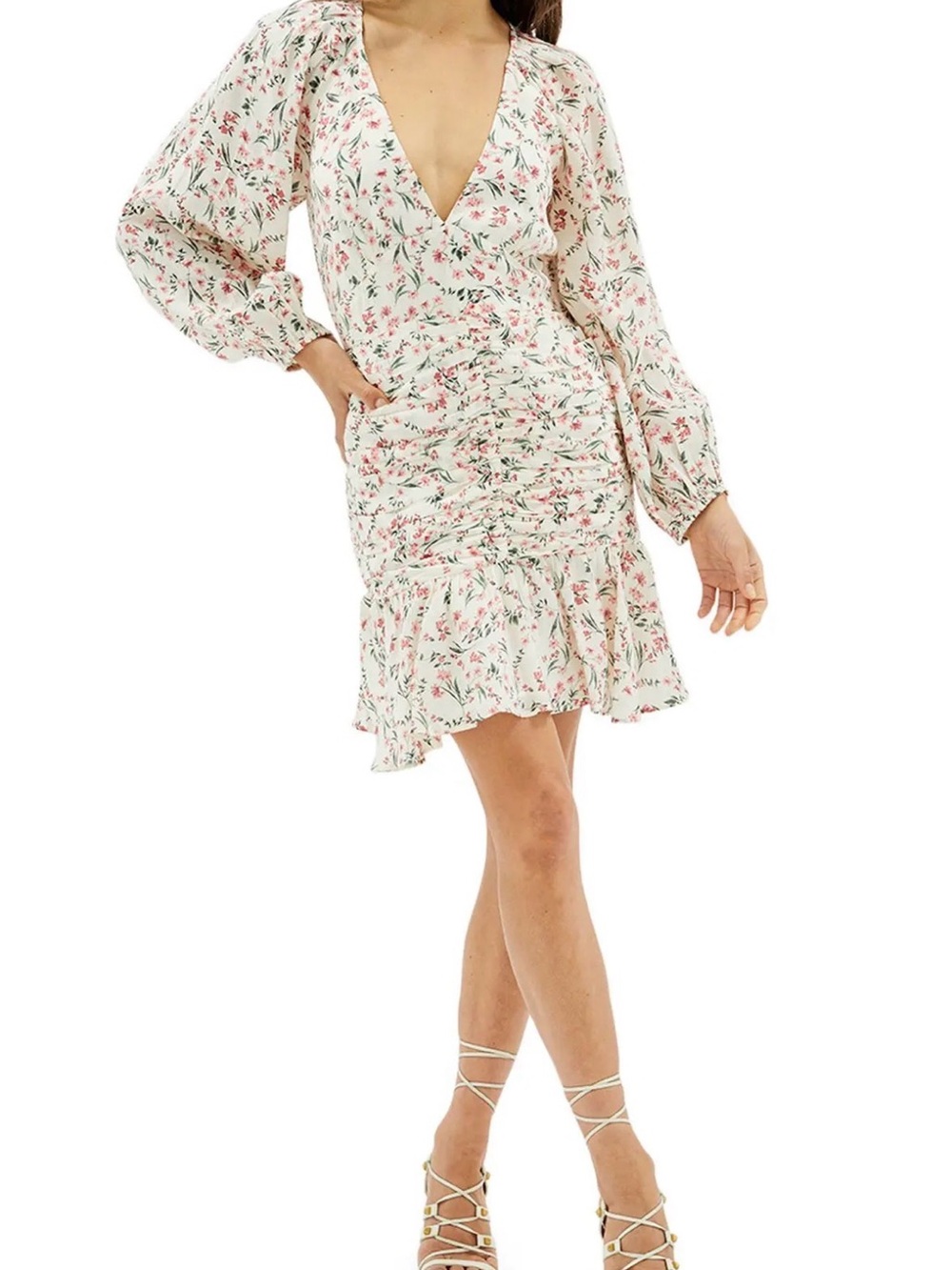 MINKPINK Cream Mini Dress with Pink & Green Floral Print